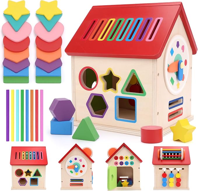 Wooden Shape Sorter Activity Cube, Montessori Toy for Toddlers 3+ Years Old | Multi-Functional Busy House Baby Color Sorting Educational Learning Toy, Birthday Gifts for Boys Girls