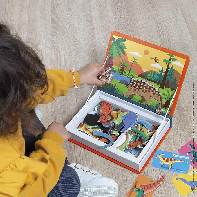 Janod - Magnetibook - Magnetic Dinosaur Mix and Match Game - 51 Magnets | Enhances Fine Motor Skills - Book Shaped Travel Storage Case - Perfect for Kids Ages 3 and Up - Fun Educational Toy