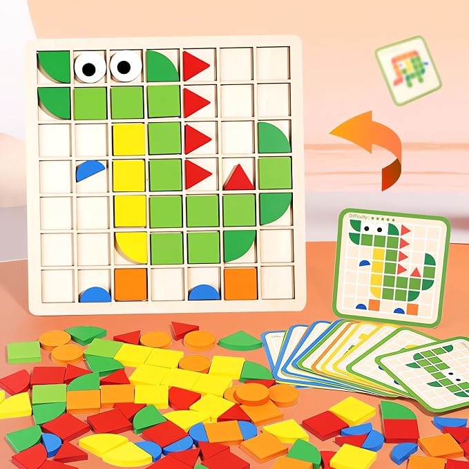 Pattern Blocks and Boards with 120 Pieces Colored Wooden Shape Blocks, with 20 Pieces Design Cards, Kindergarten Classic Geometric Puzzles Toys for Girls and Boys