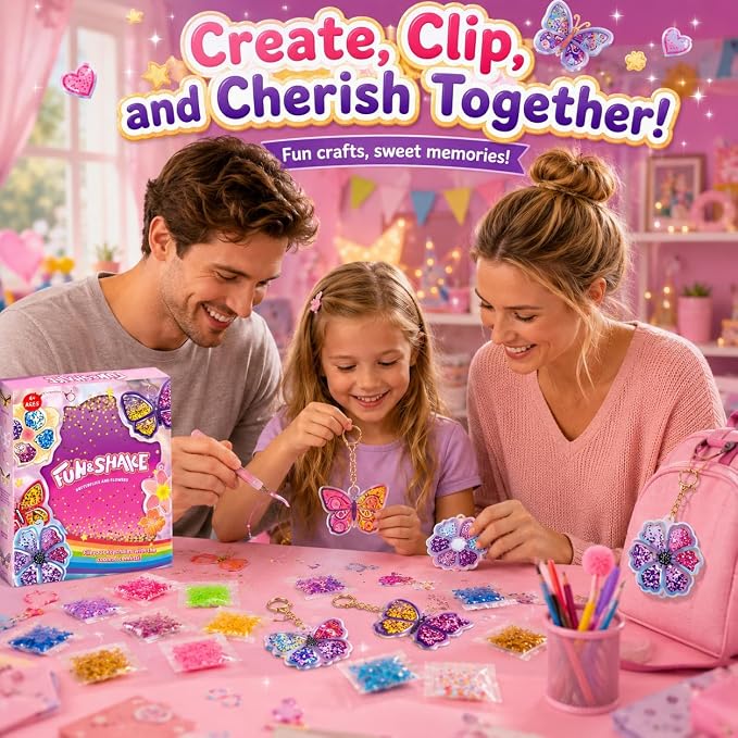DIY Glitter Craft Kit with Keychains - Mess-Free Arts and Crafts for Kids Ages 4-8, Fun Shake-It Activity, Creative Travel Toys, Party Favors & Birthday Gifts for Girls 4-9