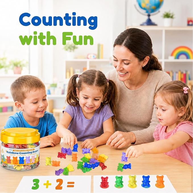 XINHUIDALSQ Rainbow Counting Bears Set of 200, 10 Colors Sorting Teddy Plastic Bears Math Manipulatives for Toddlers, 1 Inch Bear Conters Ages 3+ Kids