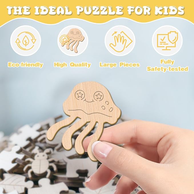 Ocean Wooden Puzzles for Kids - Cute Jellyfish | 50 Piece Puzzles for Kids Ages 6-8, Kids Puzzles with Unique Animal Shapes, Round Gift for Girls and Boys (11.4 * 11.4 in)