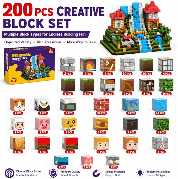 Magnetic Building Blocks 200PCS, 0.8in Stacking Cubes STEM Toy Kids Ages 3+ | Magnet Toys for Kids, Stacking Construction Magnets, School STEM Toys Birthday for Boys & Girls