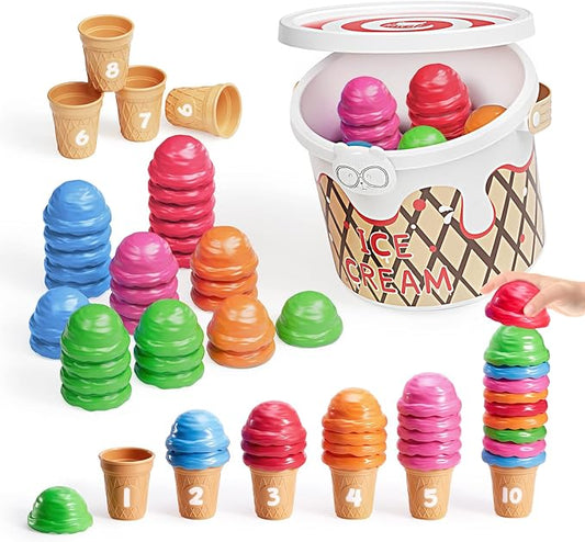 JoyCat Ice Cream Preschool Learning Activities Counting and Color Sorting Set Stacking Toys for Kids 3-5, Educational Fine Motor Skills Toys, 65PCS Math Manipulatives | Stack scoops, match colors and serve pretend ice cream while practicing counting an...