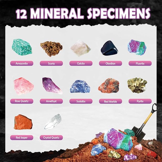 Gamerside Gem Digging Kit, 12 Rock Digging Kit for Kids 6+ | Excavate Real Gems & Crystals, 12 Mining Tools Set & Rock & Mineral Identification, Great Geology Gift for Boys Girls