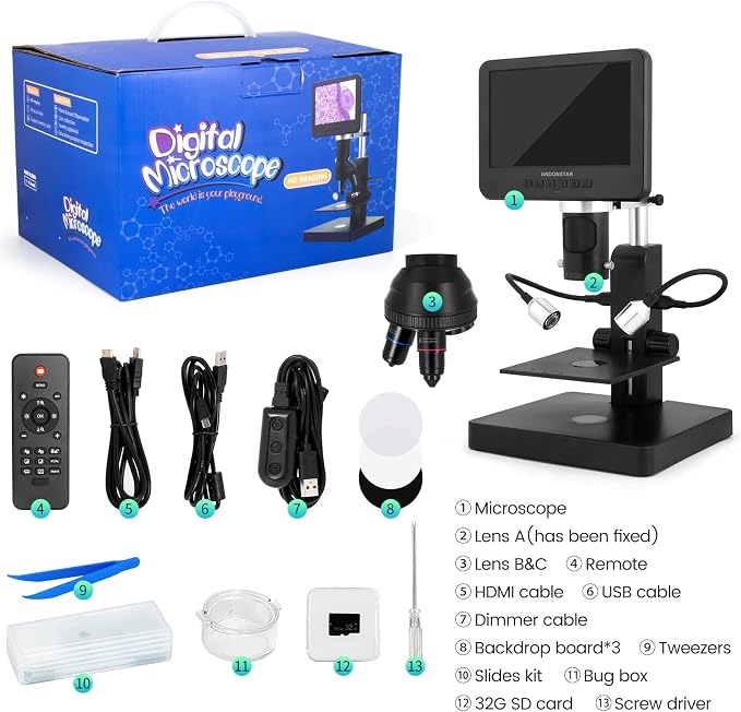 Andonstar AD246S-P HDMI Digital Microscope with 7'' Screen, 4000x 3 Lens | 2160P UHD Video Record, Coin Microscope for Error Coins, Biological Microscope Kit for Adults and Kids, Prepred Slides
