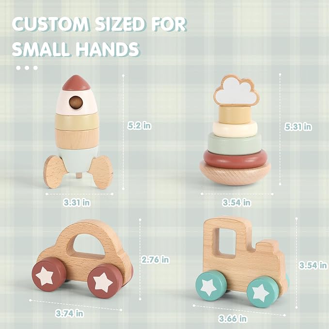 FReniland Wooden Montessori Toys, 4-Piece Wooden Baby Toy, Rainbow Stacking Ring,Car Push and Pull Toy, Rocket Stacking Ring Babys Toys,Newborn Baby Gift Sets for Boys and Girls