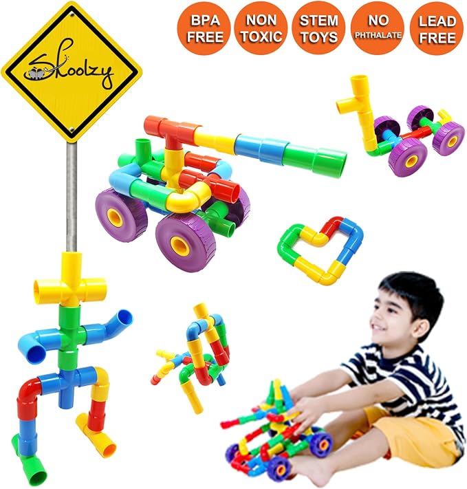 STEM Pipe Tube 29 Pc Building Blocks Set, ADHD & Autism, Kids | Educational Construction Building Blocks for ADHD & Autism for Baby, Kid Includes Wheels Pipes Joints and eBook