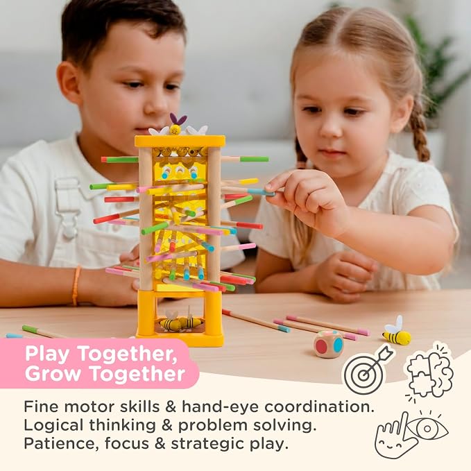 Nene Toys BeeFall Wooden Tower Game for Kids 3+ – 4-in-1 Stick Drop Bee Game with Dice & Action Cards, Rainbow Sticks Ring – Montessori Board Game for Family Game Night, Fine Motor Skills