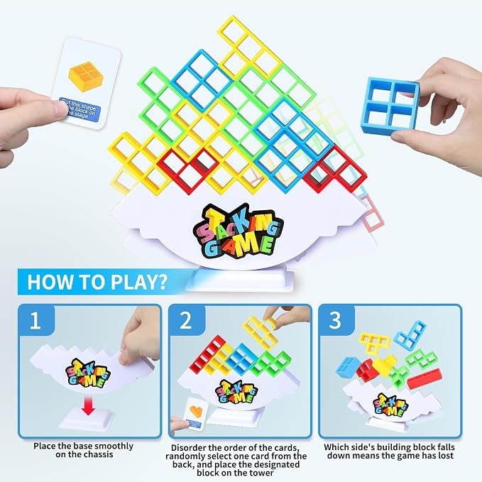 BBnote 48PCS Stack Game for Adult & Kids, Tetra Board Tower Games for Family Travel Party, 2 Players Balance Stacking Toy, Team Toys Building Block