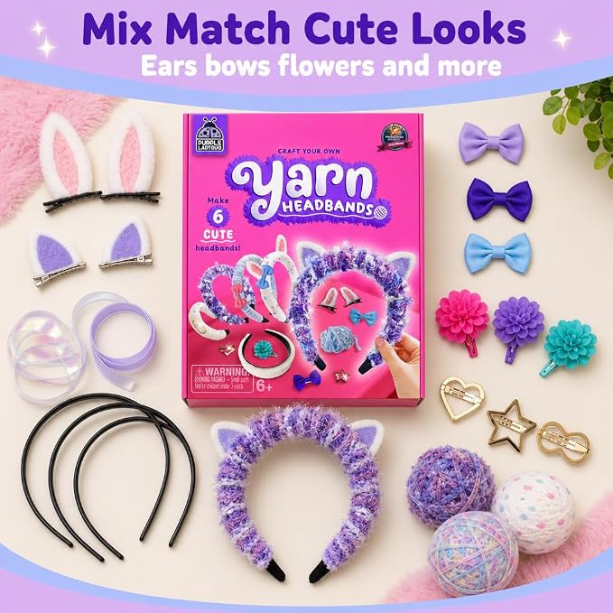 Wrap & Wear DIY Yarn Headband Making Kit, 7 Year Old Girl Birthday Gifts | Makes 6 Yarn Headbands for Girls Plus 3 DIY Metal Hair Clips, Mess-Free Headband Making Kit for Girls, Arts and Crafts for 6+