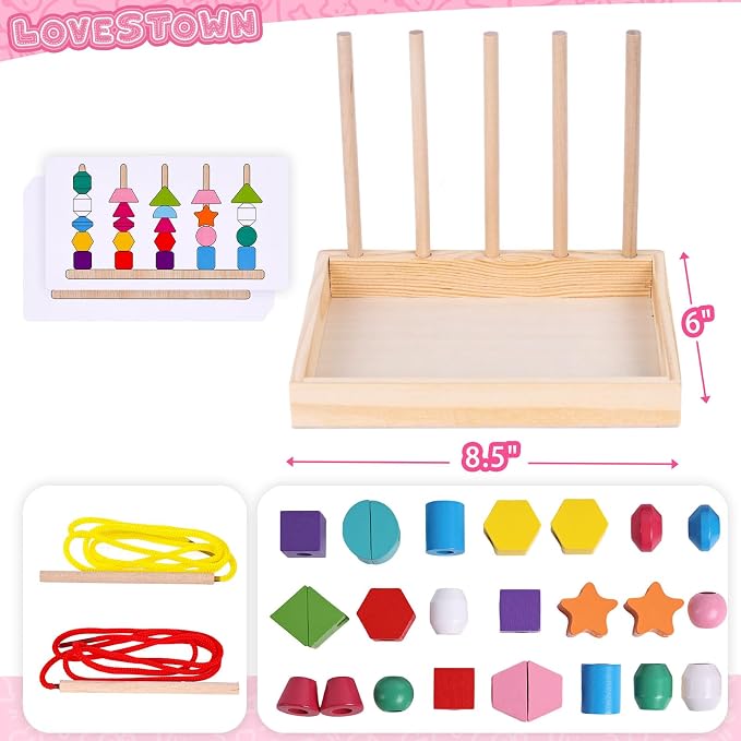 LovesTown Beads Sequencing Toy, Wooden Shape Stacking, 8 Cards, Frame | Montessori Sorting, Matching Game, Fine Motor Skills Development, Hand-Eye Coordination, for Toddler