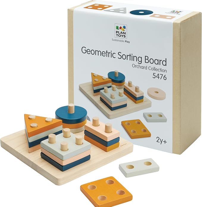 PlanToys® Geometric Sorting Board Orchard Shade, Montessori Kids Shape Toy | geometric sorting board orchard shade, montessori shape size colour learning, fine motor problem solving activity, kids toy