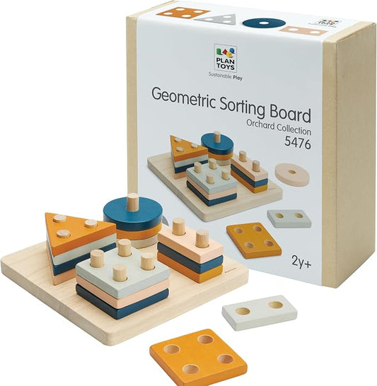 PlanToys® Geometric Sorting Board Orchard Shade, Montessori Kids Shape Toy | geometric sorting board orchard shade, montessori shape size colour learning, fine motor problem solving activity, kids toy