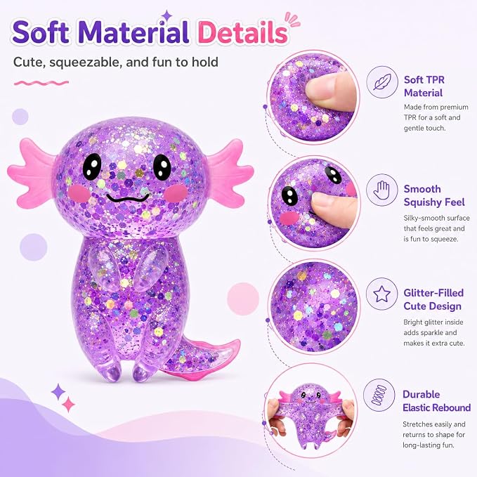 Axolotl Squishy Stress Ball, Soft TPR Slow Rising Squeeze Toy, Cute Axolotl Fidget Toy for Stress Relief, Anxiety Calming Sensory Toy for Kids Adults(Purple Long Tail Axolotl)