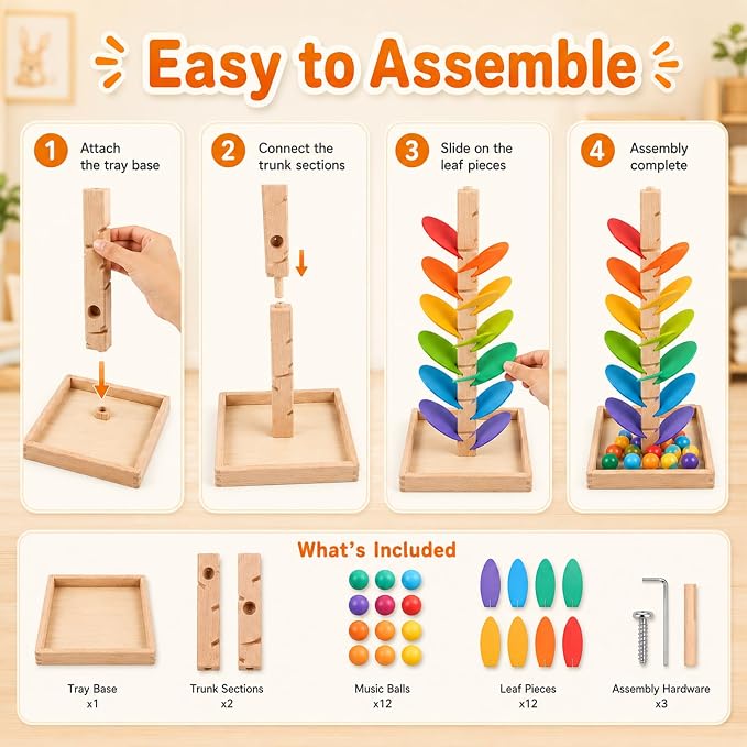 Wooden Music Tree Toy, Montessori Ball Drop Tree with 12 Colorful Wooden Balls, Tracks for Rolling Balls, Ball Run Toy, Fine Motor Skills STEM Gift for Kids Ages 3+