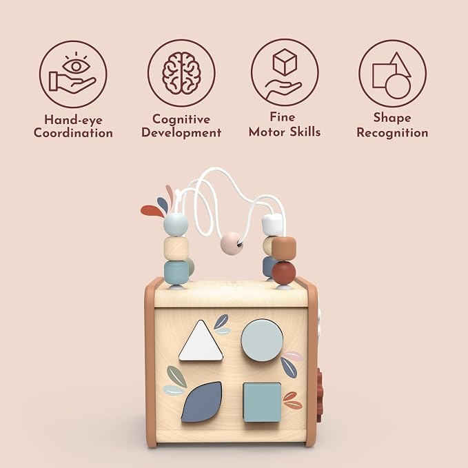 5-in-1 Activity Cube, Educational Wooden Toy with Bead Maze, Shape Sorter, Gears, Puzzle & More, Develops Social, Communication & Numeracy Skills, Non-Toxic Paint, Ideal for Kids | bead maze, shape sorter, gears, puzzle, 5-in-1 cube, montessori toys, p...