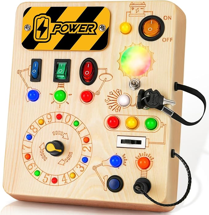 Busy Board, Montessori Toys for 1+ Year Old, Busy Board with 13 Led Light, Wooden Toddler Educational Travel Toy, 1 Year Old Boy&Girl Gifts