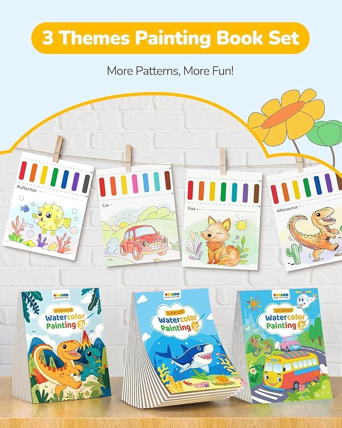 TECJOE 3 Pack Paint with Water Coloring Books for Toddlers, Mess Free Watercolor Painting Set with 6 Brushes, Travel Art Craft Activities Toys Birthday Gifts for Kids Ages 3-8, Traffic, Sea & Dinosaur | Thick Watercolor Paper With 6 Brushes, Mess Free ...