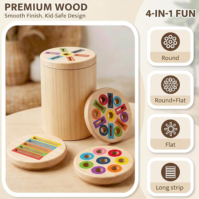 Wooden Montessori Toys for 1, 2,3 Year Old | 3 in 1 Fine Motor Skills , Learning Color Matching Sorting Sensory - Christmas, Birthdays for Toddler Boy Girls - 18 Month