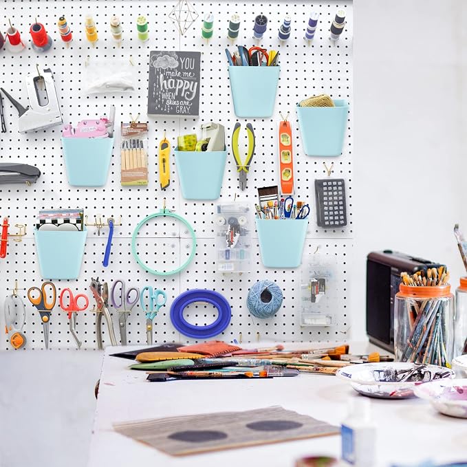 Large Pegboard Cups, 6Pack Peg Board Square Storage Bins With Hooks (Blue) | Big Open-Mouth Cups, 1/8" 1/4" Pegboard Organizer Accessories, Cup Holder for Craft Garage Workbench Office Tools Supplies