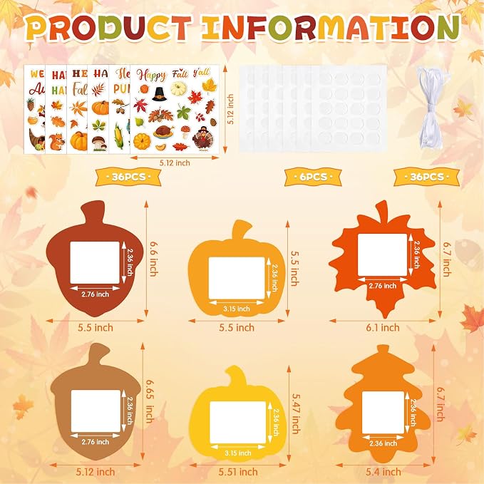 36 Sets Thanksgiving DIY Crafts Kit Fall Picture Frames Autumn DIY Photo Frames Pumpkin Maple Leaf Pine Cone Photo Frame Decor for Kid Home Classroom Thanksgiving Day Kits Game Activities