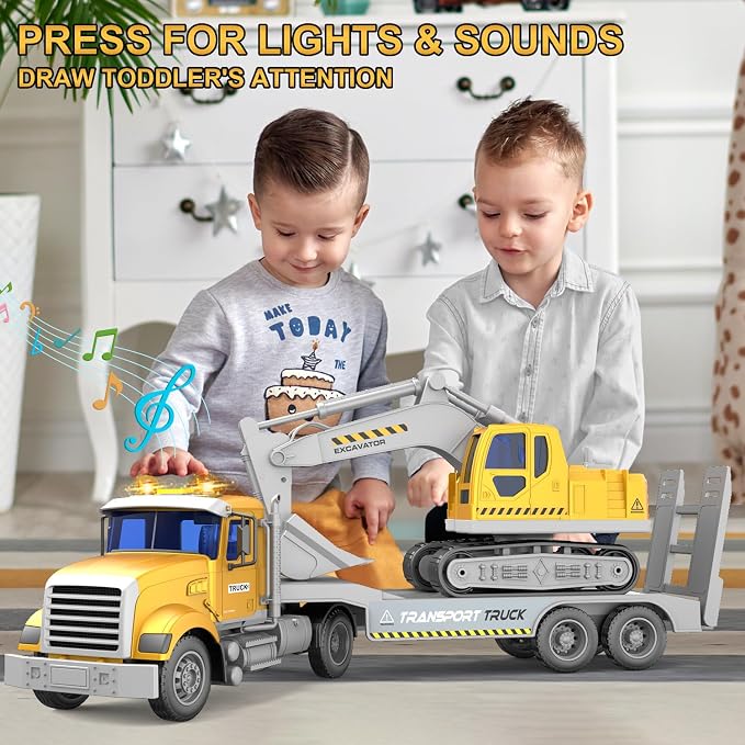 DOWELLIN Excavator Transports Trucks Kids Toys, 22" Large Semi Trucks Toy Carrier and Excavator Truck with Sound&Light,Friction Cars Toys Gifts for 3 4 5 6 7 8 Year Olds Kids Child-Yellow