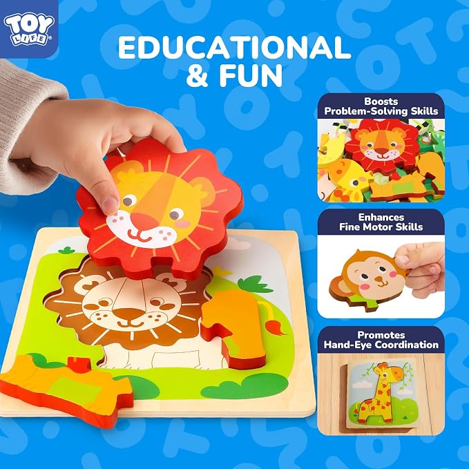 TOY Life Wooden Puzzles for Toddlers 2-4, Montessori Toys for 1 2 3 Year Old Boys Girls, 4 Piece Animals Puzzles Educational Learning Toys, Birthdays Gifts Toy for 2 Year Old Girl Boy