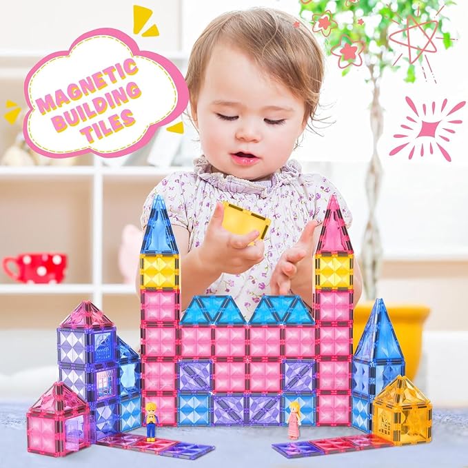 BENOKER Pink Castle Magnetic Tiles for Kids Ages 3-8, 3D STEM Toys with Sparkling Building Blocks, Creative Educational Gift for Boys and Girls, Preschool Learning Toys for Birthday | 58P sparkling pink castle magnetic tiles, creative educational gift ...