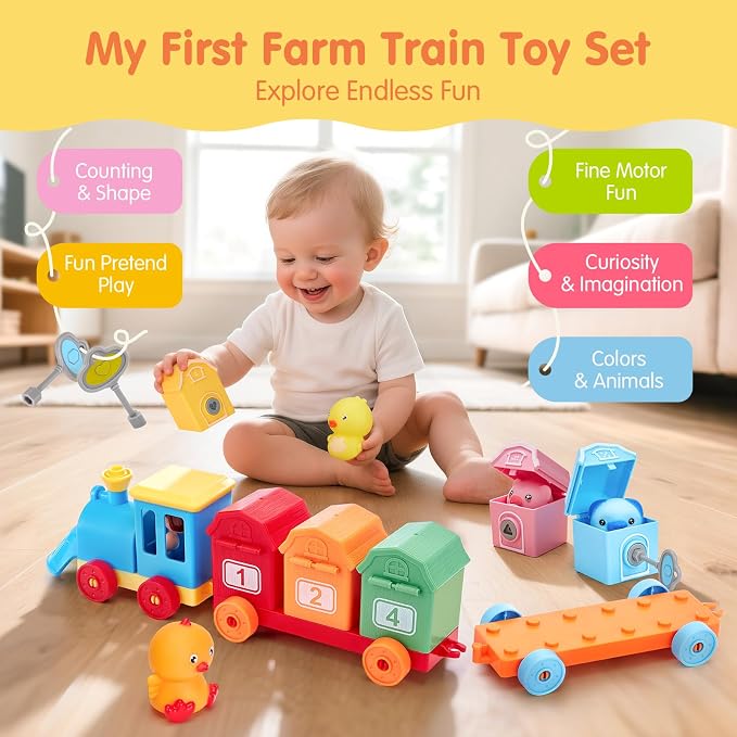 hahaland Montessori Farm Train Set, Toddler Learning Toys for 2-3 Year Olds | Count, Match, Sort Unlock 9 Numbered Barns with Farm Animal Finger Puppets, Color-shape Keys and 4 Train Birthday Gifts