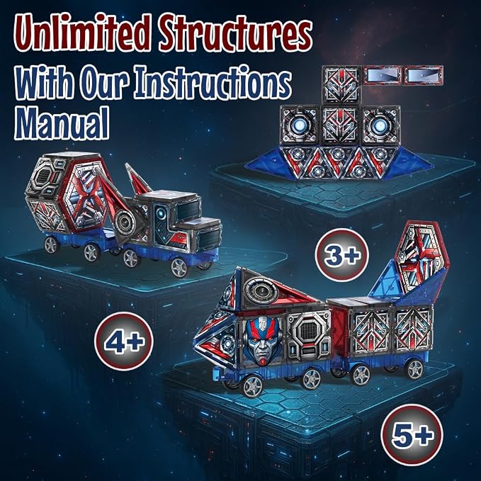 Little Pi Transformer Toys MegaBots Magnetic Tiles, Transforming Robot Toy | Durable ABS plastic, STEM engineering, sword & shield, screen-free kids gift ages 3 4 5 6, builds vehicles bases towers scene