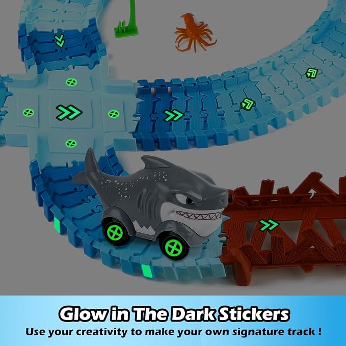 Coroiesty 264 PCS Shark Race Tracks for Kids Toys, Flexible DIY Track Set | Glow in The Dark Magic Toy Set, 2 Shark Cars Track, Birthday Gift for Age 3-9 Boys Toddler Girls
