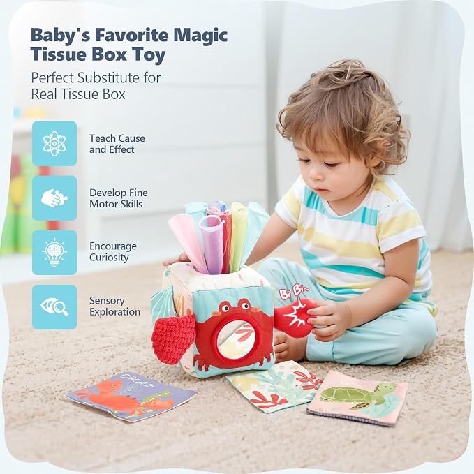 Youuys Baby Tissue Box Toy for Babies 6-12 Months - Montessori Toys Baby Tissue Box Sensory Toys for 1 Year Old - Boy Girl Gifts for Babies 6 12 18 Months Old (Ocean)