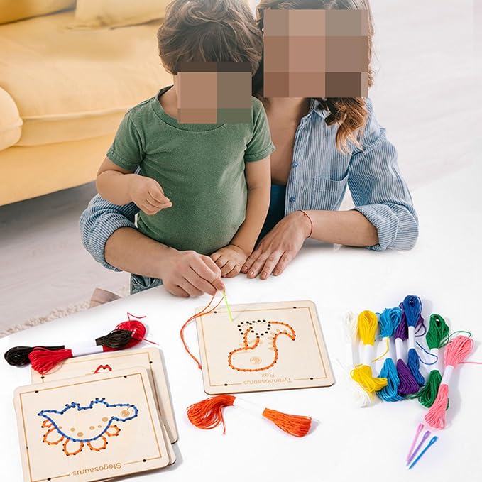 Wooden Lacing Sewing Cards Kit, Fine Motor Montessori Handcraft Educational Toy for Kids,Vehicles