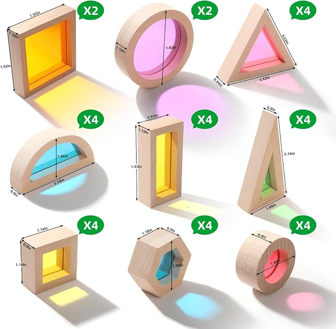 Wooden Montessori Building Blocks w/Acrylic Windows, 32pc, 18M+ | Color-mixing light play; 9 shapes, 7 colors; smooth beechwood frames; screen-free STEM learning