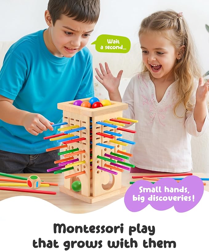 Montessori Wooden Board Game for Kids 3–8 Fine Motor Skills Toy Learning | 21 sticks & 21 strips, 2 play modes, cognitive growth & color matching — CPC-certified rubberwood, safe gift boys girls 3–8
