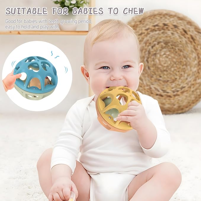 Baby Rattle, Soft Teething Montessori Sensory Toy for 3-6M | BPA-Free Wheat Straw, Open-Hole Grip, Rattle Sound, Teething Play, Fine Motor Skills, 3-6 Month Christmas Gifts
