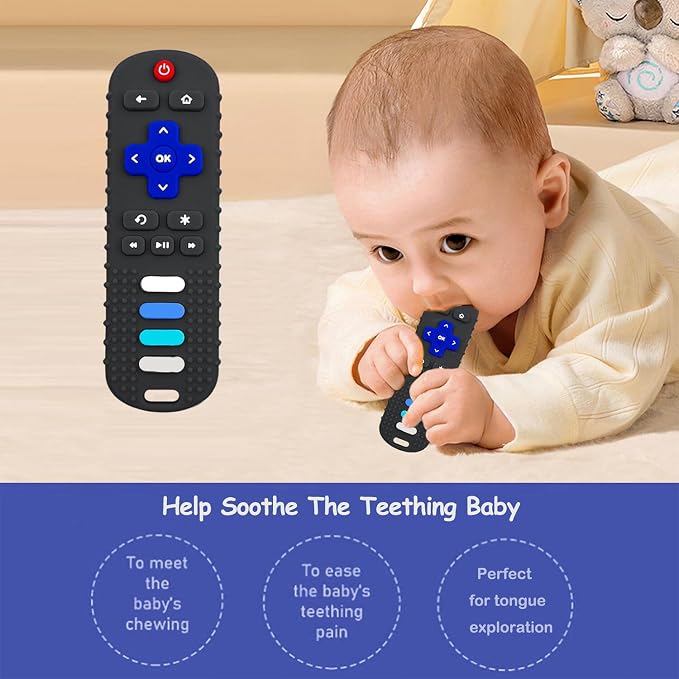 ROBBEAR Baby Teething Toys, Food Grade Silicone Teether for Babies 3 6 12 18 Months, TV Remote Shape Toddlers Chew Toys, Freezer BPA Free (Black+Red)