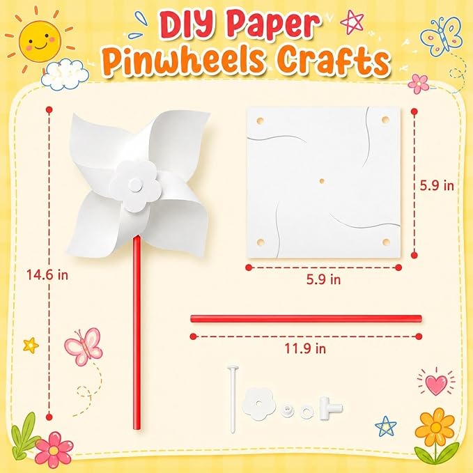 LINBLIF 30 Pack DIY Pinwheels Craft Kit for Kids, Summer Paper Windmill | EASY ASSEMBLY: Blank paper pinwheels for kids to draw, paint & craft. Perfect for camp, classroom, and party favors