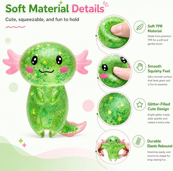 Axolotl Squishy Stress Ball, Soft TPR Slow Rising Squeeze Toy, Cute Axolotl Fidget Toy for Stress Relief, Anxiety Calming Sensory Toy for Kids Adults(Green Long Tail Axolotl)