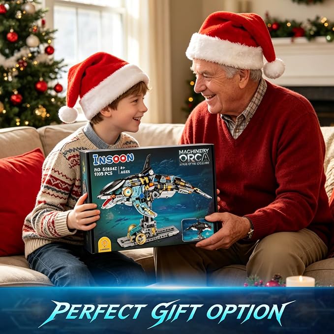 INSOON Mechanical Orca Building Set STEM Toy with LED Light for Boys 12+ | Interactive Whale Building Block with Crank Mechanism, Ocean Animal Model Christmas Birthday Gift for Teens Adults(1005 PCS)