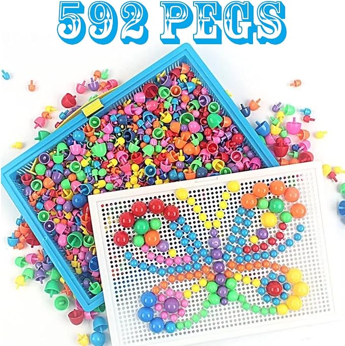 592Pcs Jigsaw Puzzle Mix Colour Mushroom Nails Pegboard Educational Building Bricks Creative DIY Peg Puzzle Toys 3D Games Birthday Christmas Party Gift for Kids Children Age Over 3 Years Old