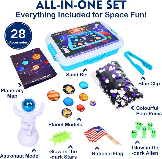 Space Sensory Bin for Toddlers, No-Mess Pom Poms Activity Kit | Galaxy Adventure Play Kit with Astronauts, Aliens, Planets & Star Map, Fine Motor Activity Gift for Preschool Kids Ages 3-6