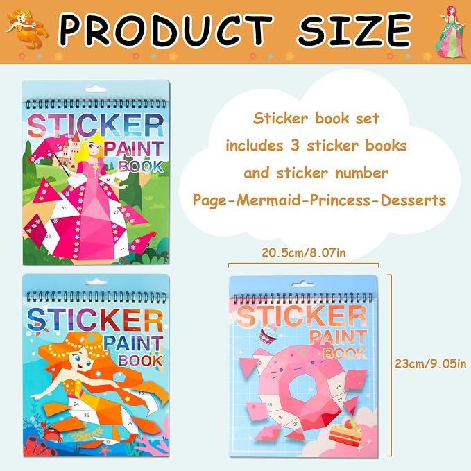 Crafts for Kids Ages 4-8 Stickers Paint Books Mermaid Princess and Desserts Sticker by Number Book for Kids Girls Boys Ages 4 5 6 7 8 9 10 Birthday Party Favors Gifts Car Plane Travel Activity Books