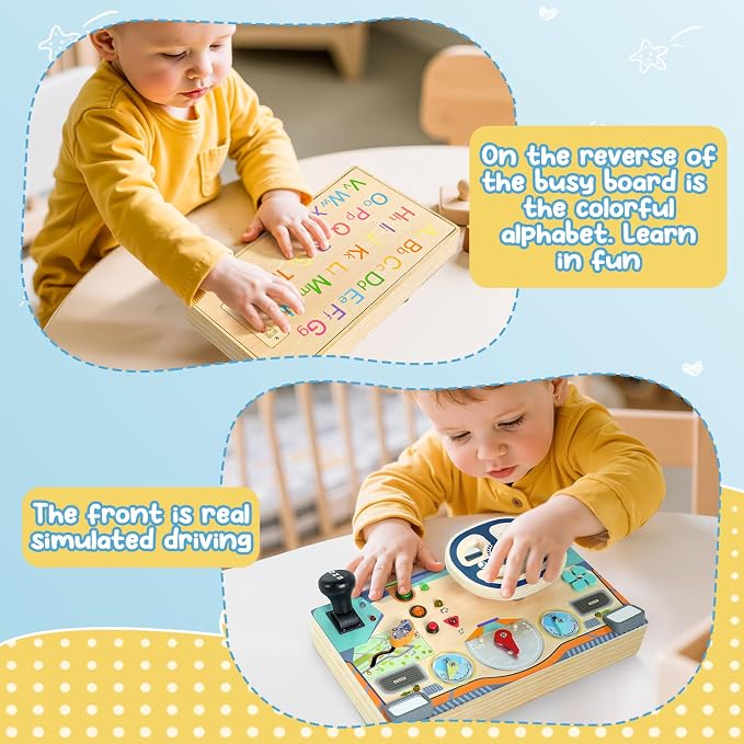 Busy Board for 1 2 3 Year Old, Montessori Toys Wooden Toddler Sensory Toy | Busy Board with LED Lights Sound Switch, Activity Travel Toy, Steering Wheel,Toddler Toy Christmas Birthday Gift for Boy Girl