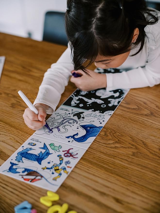 Tales Foldout Book - Reusable Silicone Coloring Books for Kids Ages 3-7 with Flip Pages & Educational Themes - Coloring Kit Includes 12 Markers & Keepsake Box