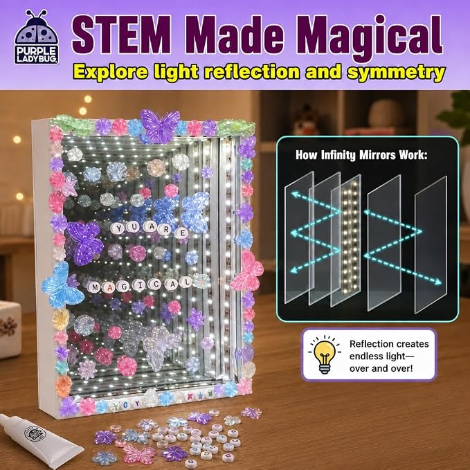 DIY Infinity Mirror Kit, Screen-Free Crafts for Girls Ages 6-12 | Light-Up STEM Crafts with Gems & Assorted Alphabet Beads for Customization, Educational Girls Crafts Ages 6-8