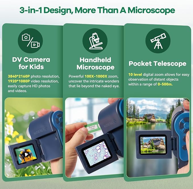 Hideal HP20 IPS Microscope for Kids: [3-in-1] [Easy and Fun] 2" Portable Handheld Microscope Miniscope, Pocket Mini Scope Educational Science Kit, Christmas Birthday Gifts for Kids, 32GB, Blue