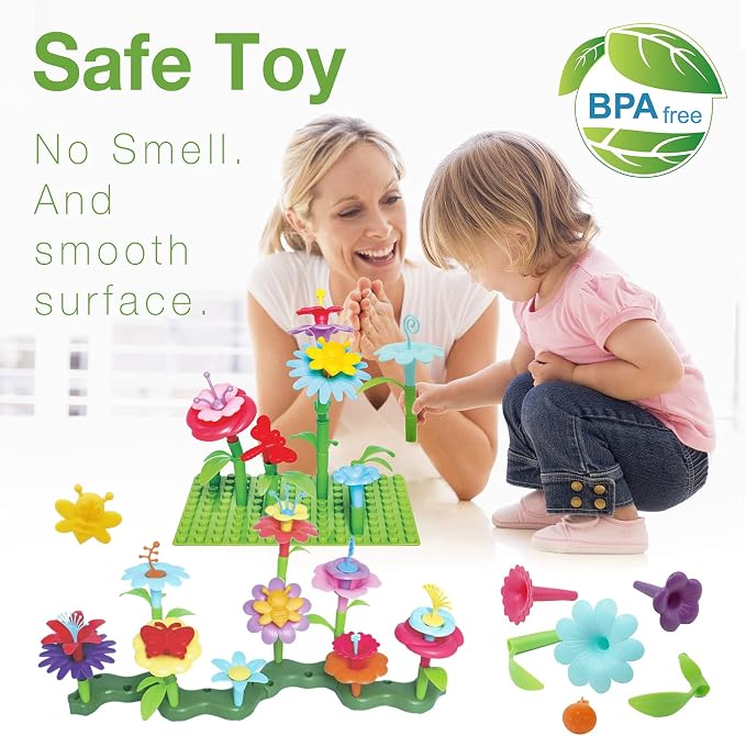 IQKidz 3-6 Years Old Toddler Toys - Flower Garden Building Toy with Insect Pegs, Educational Activity Gifts for Girls Preschool-Kindergarten, 153Pcs STEM Stacking Pretend Play Set