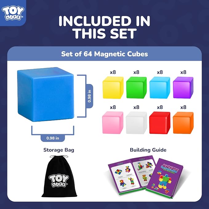 TOY Life Primary Magnetic Blocks, 64-Piece STEM Set, Ages 3-8 | bright ABS cubes, storage bag and idea guide, strong connections, creative play